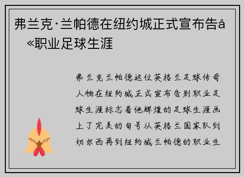 弗兰克·兰帕德在纽约城正式宣布告别职业足球生涯